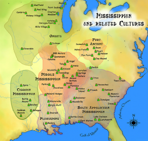 A map showing the territories of Mississippian cultures in what is now the eastern United States.