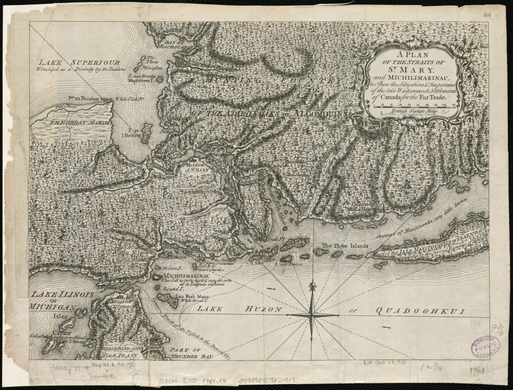 A hand-drawn map showing the land between lakes Superior, Huron, and Michigan.