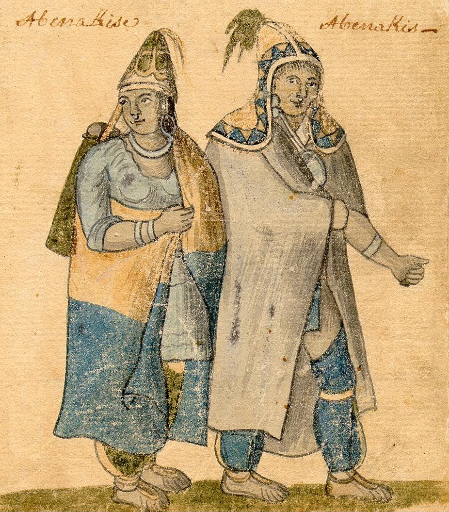 Drawing of a man and a woman wearing loose clothing, pointy hats, and blankets worn like capes.