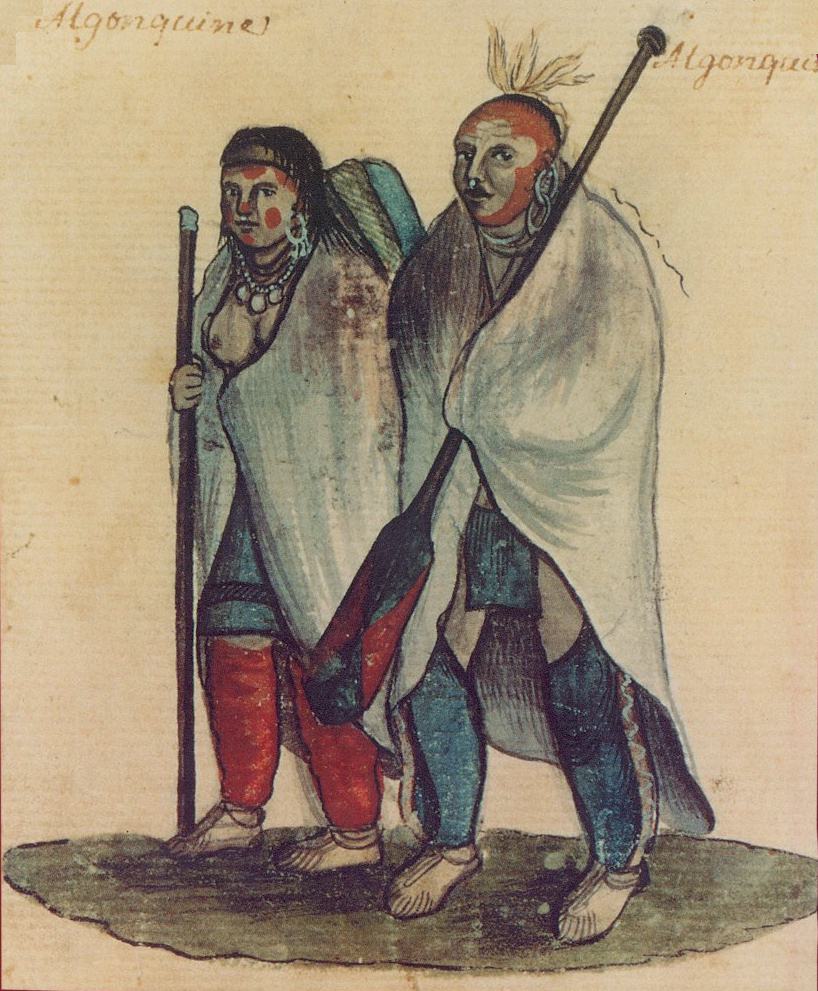 Drawing of a man and a woman wearing large earrings, red face paint, moccasins, and blankets worn like capes.