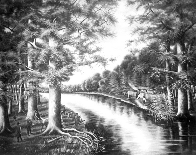 Drawing of a wide river with tall trees along its banks. People crouch and stand at the water’s edge.