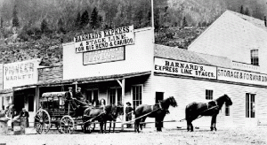 The store front of "Barnards Express and Stage Line For Big Bend and Cariboo."
