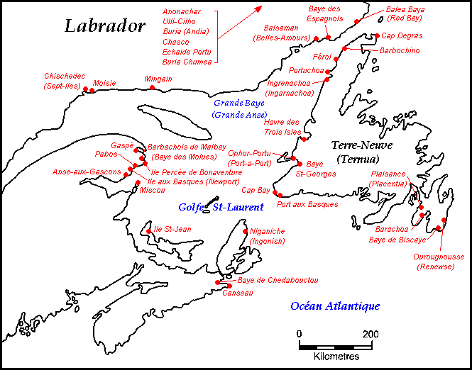 A map marking Basque fisheries in the Gulf of St. Lawrence. Long description available.