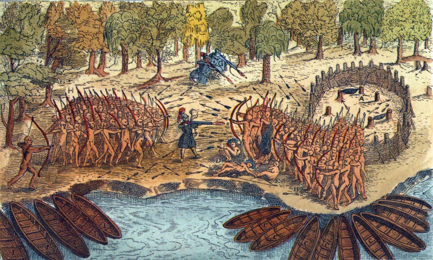 Two groups of naked soldiers shoot arrows at each other. Soldiers with guns shoot at one of the other groups.