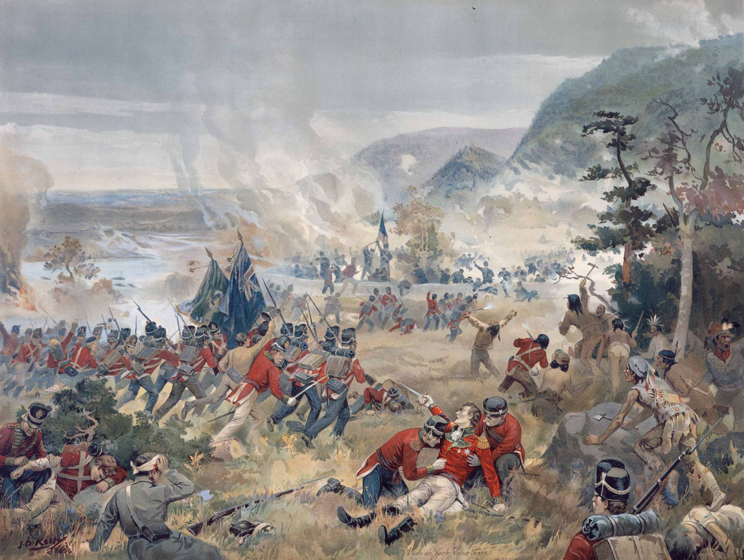 Painting of Indigenous warriors, American combatants, and British soldiers wearing red coats.
