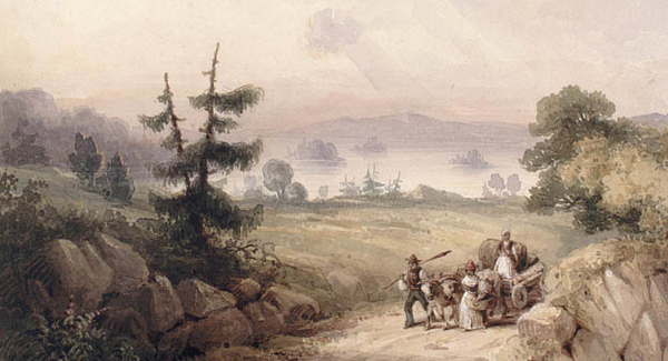 Three people travel with an ox-drawn cart down a road in the countryside. In the distance is the ocean.
