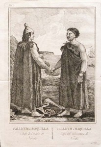 An engraving showing two men in long robes shaking hands.