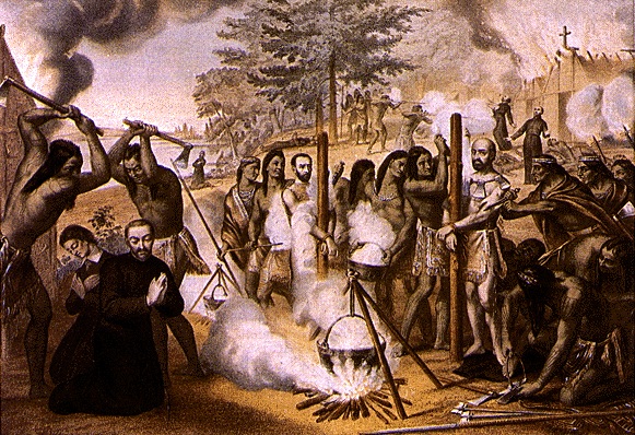 Two men in cassocks kneel and pray. Two bare-chested men raise axes over the priests. Two men are being tied to stakes.