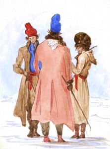 Three people stand in the snow, wearing long cloaks and toques.