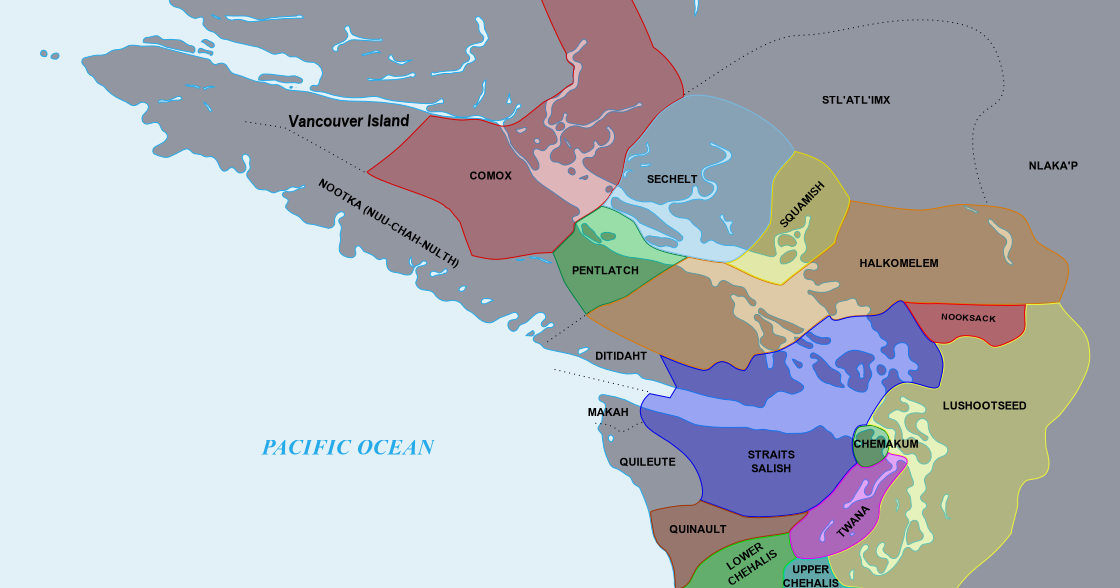 Map of the Indigenous language groups spoken on the south coast of B.C. and northwest Washington. Long description available.