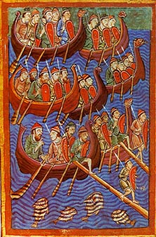 Painting of men crossing the ocean in Viking boats.