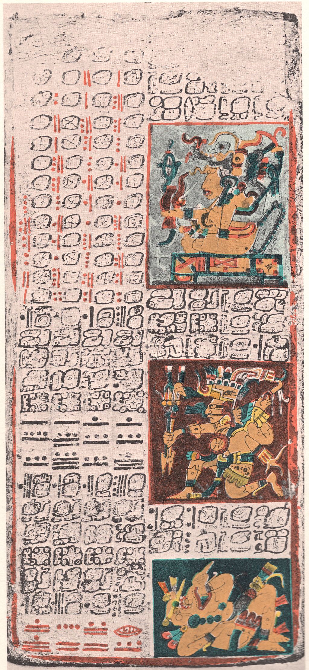 A faded parchment with rows of symbols and three coloured drawings depicting people.