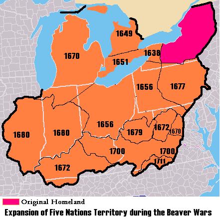 Map of expansion of Five Nations territory during the Beaver Wars. Long description available.