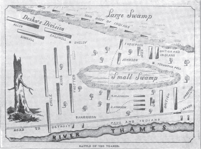 Tecumseh fell north of the Thames, near a small swamp, south of the main body of Indigenous soldiers.