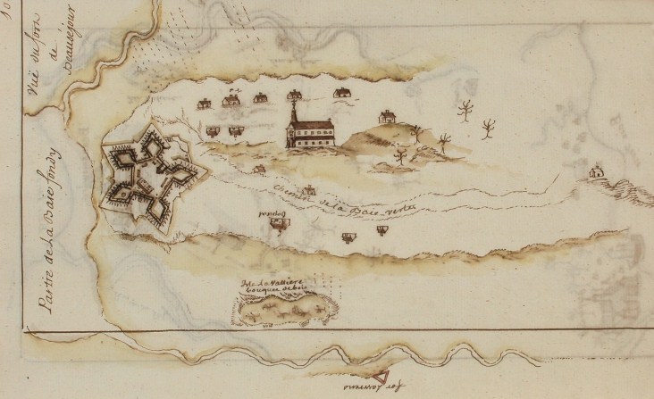 Sketch of an area near an isthmus, populated by a large church and several houses.