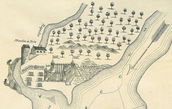 A drawing of a walled fort that has a cemetery, trees, and a sawmill.