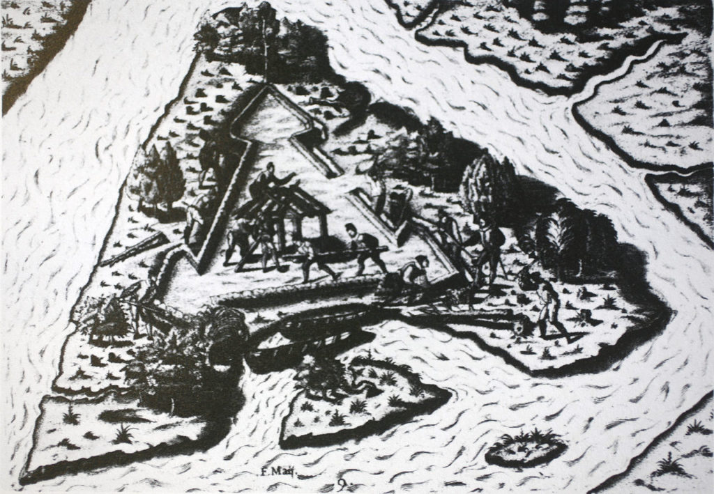 Aerial-view sketch of men carrying and laying logs to build a triangular fort.
