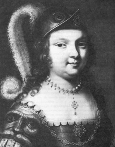 Black-and-white portrait of a woman wearing a dress with a square neckline and a helmet with a long plume.