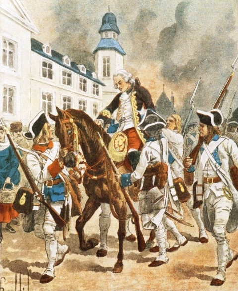 A man rides a horse with his eyes closed, supported by a couple of soldiers on foot. Soldiers with muskets march alongside.