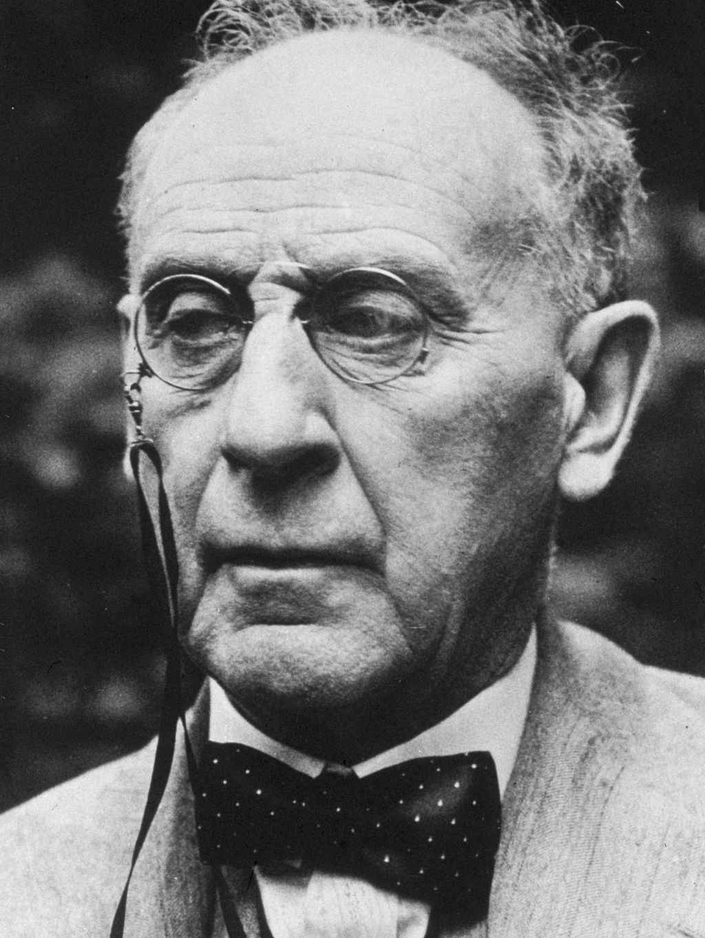 Black-and-white photo portrait of a man in his sixties with a receding hairline and wearing a bow tie.