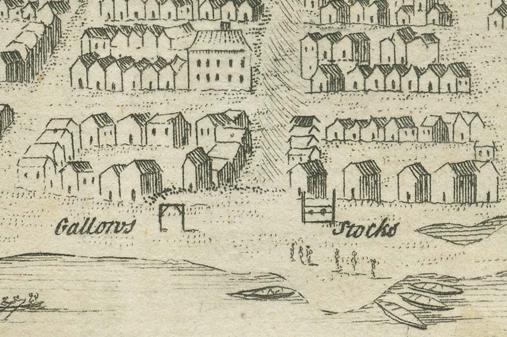 A sketch of houses neatly arranged into squares. Gallows and stocks stand between the houses and the shoreline.