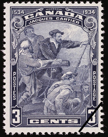 Postage stamp of Jacques Cartier standing on his ship with his crew. He urgently points to land.