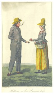 A man wears a suit and yellow hat and smokes a pipe. A woman wears a long yellow skirt and hat with a modest grey sweater and neck tie.