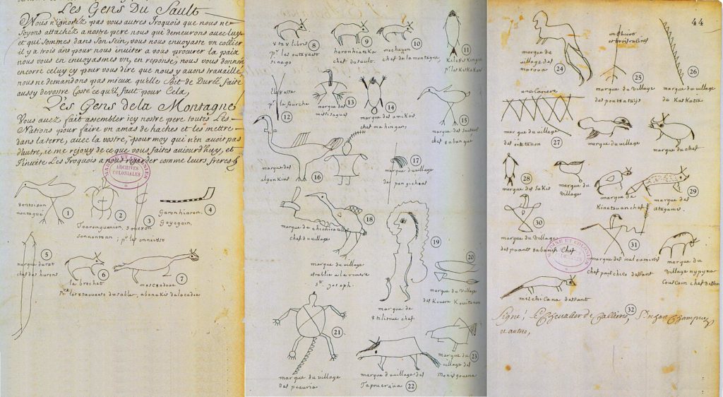 Document containing French writing and many roughly drawn pictures of animals and people.