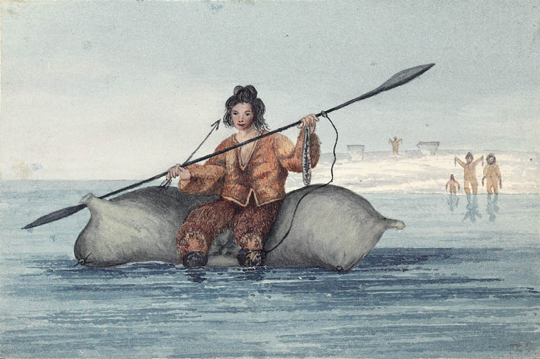 A man in animal skin clothes floats on an object shaped like a grey peanut. He holds a long paddle, an arrow, and a salmon.
