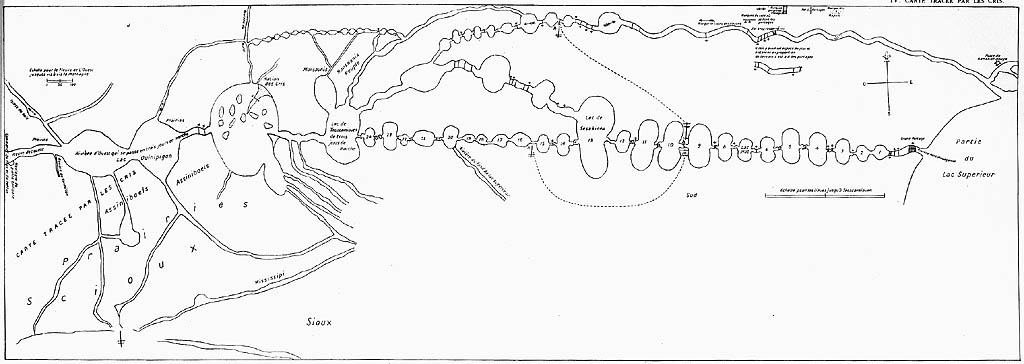 Sketch map of a chain of lakes that look like beads on a string. A river flows north and east from one lake.