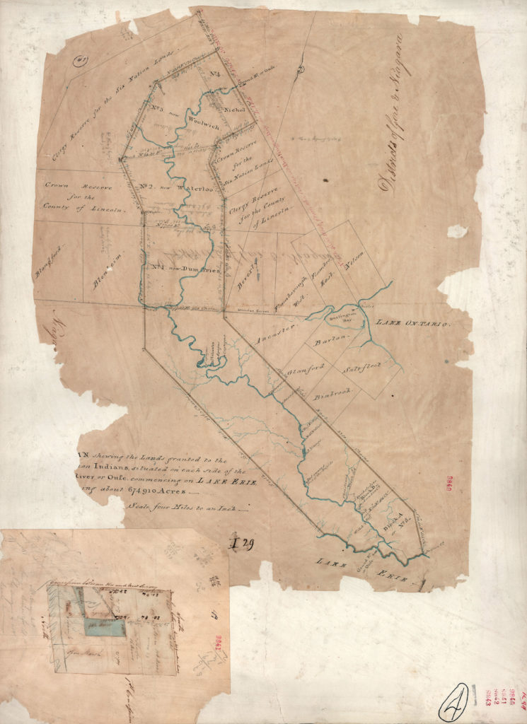 Parchment map of the Grand River, west of Lake Ontario. Long description available.