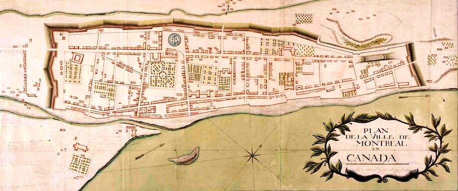 Hand-drawn aerial view of Montreal, which is on the bank of a river. The city is long and narrow.
