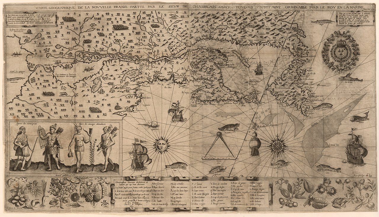 Illustrated map of New France. Decorated with images of plants, animals, ships, people, and trees.