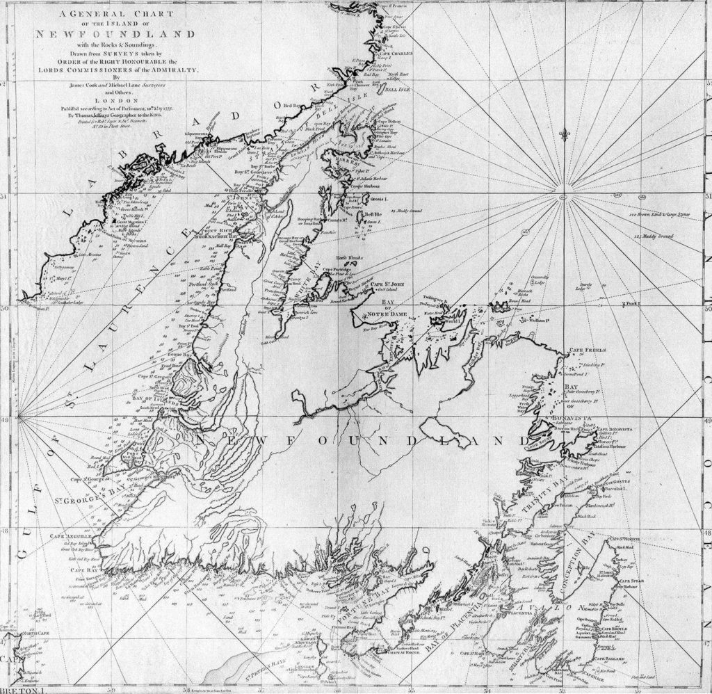A map of Newfoundland detailing the bays and notable points on the coastline.