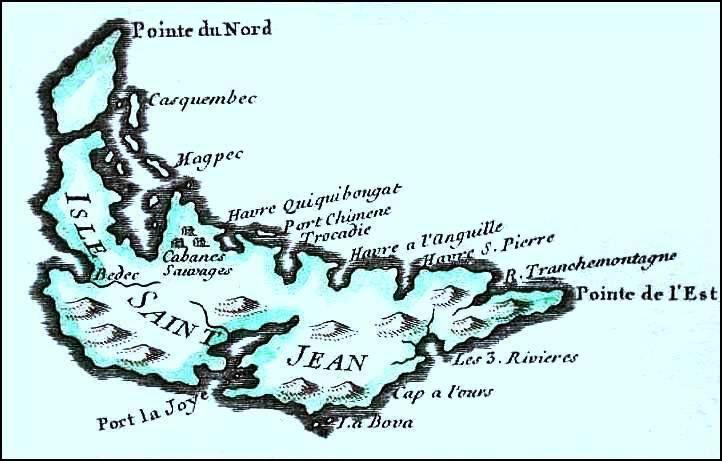 Hand-drawn French-language map showing the major settlements on Prince Edward Island.