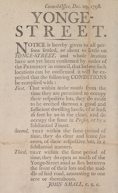 Conditions for settling on Yonge-Street in 1798. Long description available.