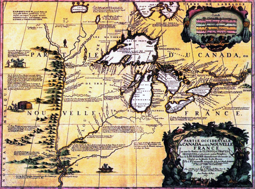 An old map showing the Great Lakes, rivers, and mountain ranges.
