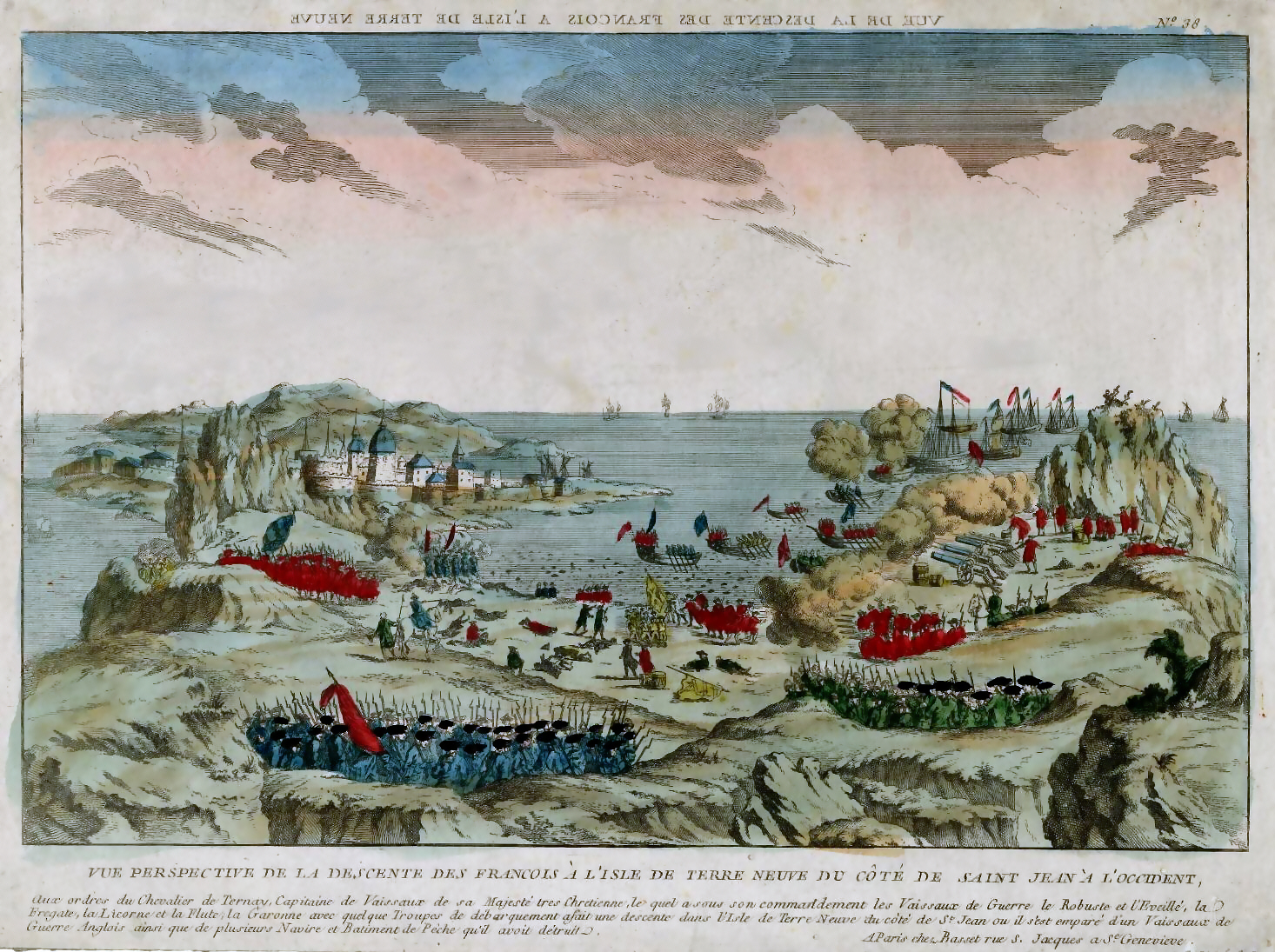 A painting of troops on a cliff-covered peninsula. Ships approach. Cannons stand at the ready.