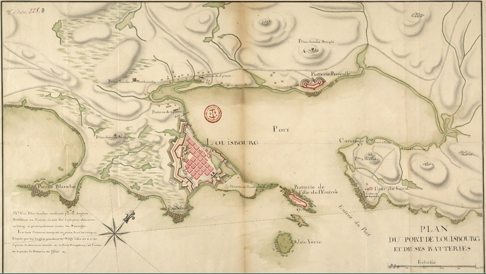 An old map showing the location of Fortress Louisbourg.