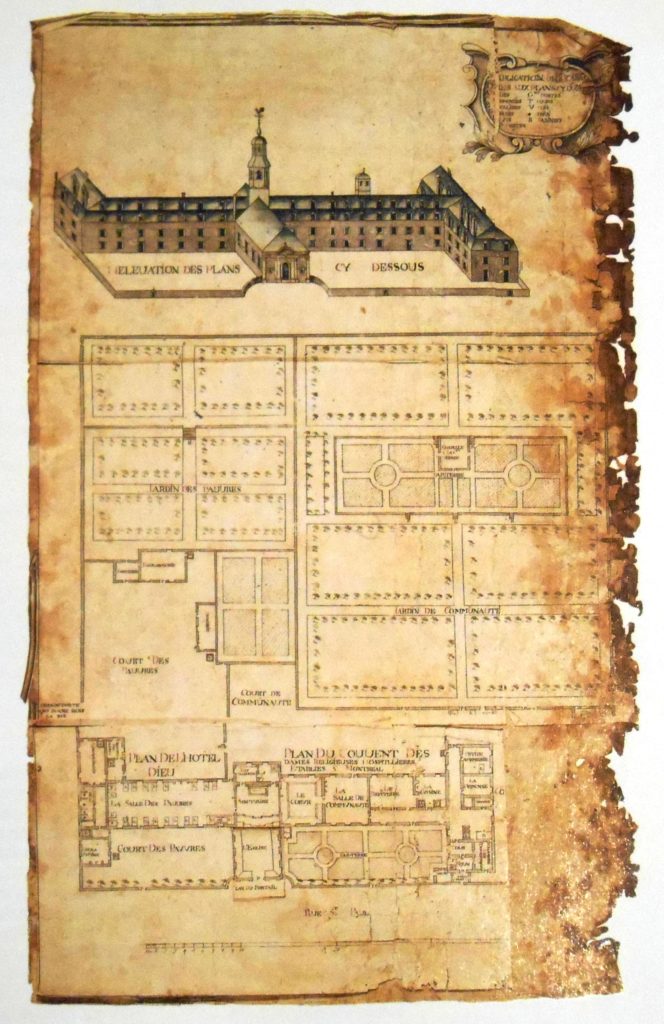 Parchment showing the layout of a building and a drawing of the building's exterior.