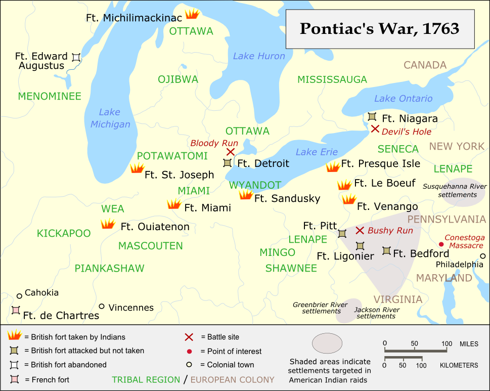 A map showing the location of forts and battles in Pontiac's War. Long description available.