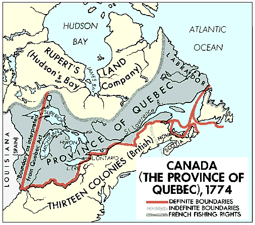 Map of the Province of Quebec in 1774. Long description available.