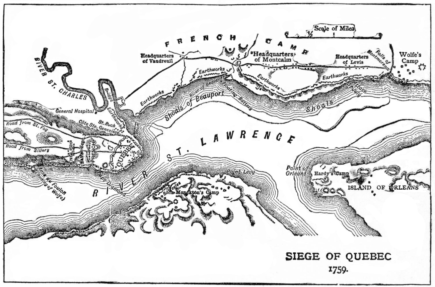 The fortress of Quebec sits on a piece of land jutting into the St. Lawrence River.