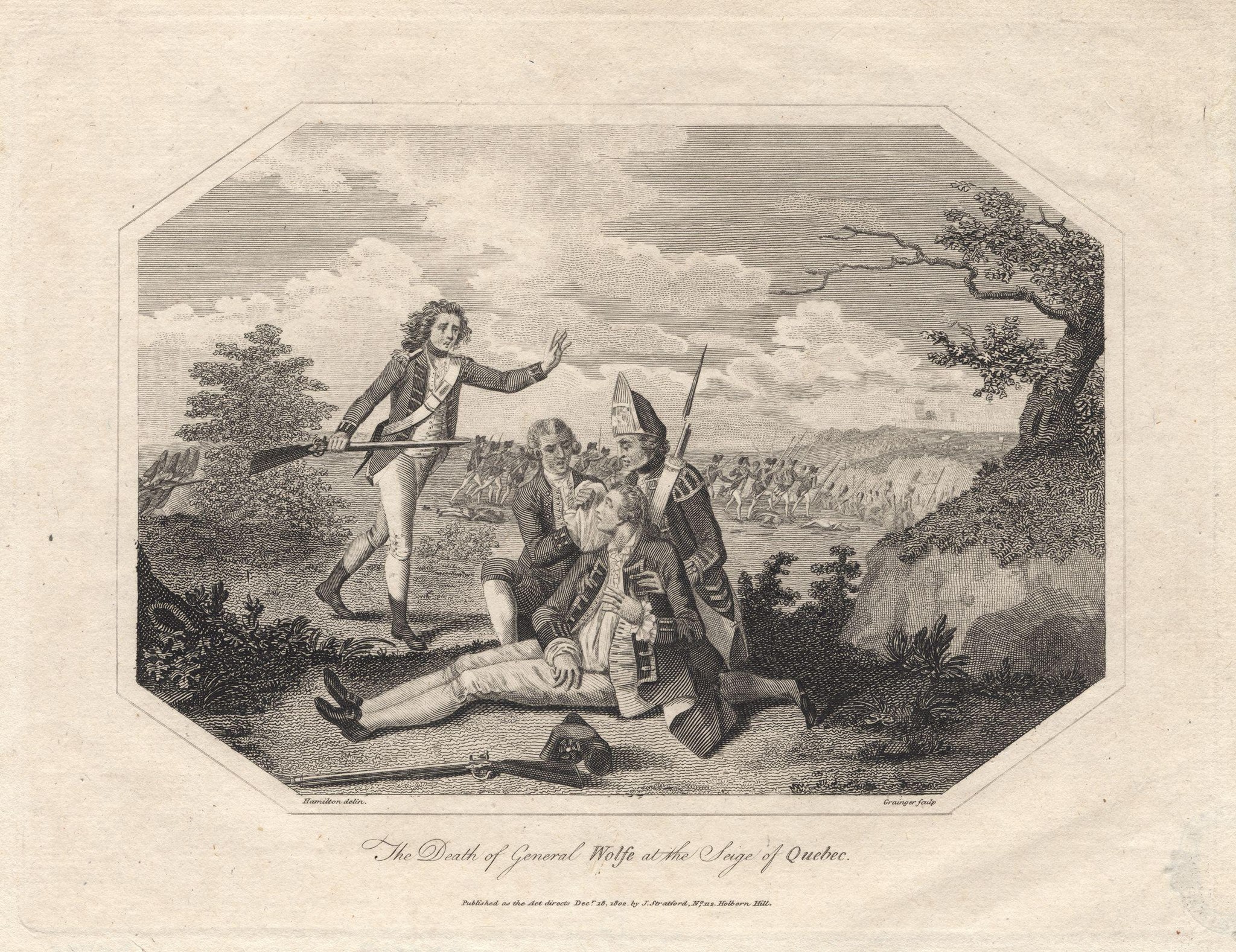 Engraving of a soldier carrying a musket rushing to the side of another soldier on the ground, tended to by two other men.