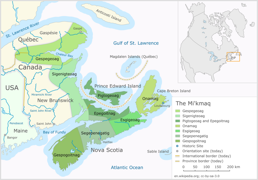Map of Mi’kmaq territories in the Maritimes. Long description available.