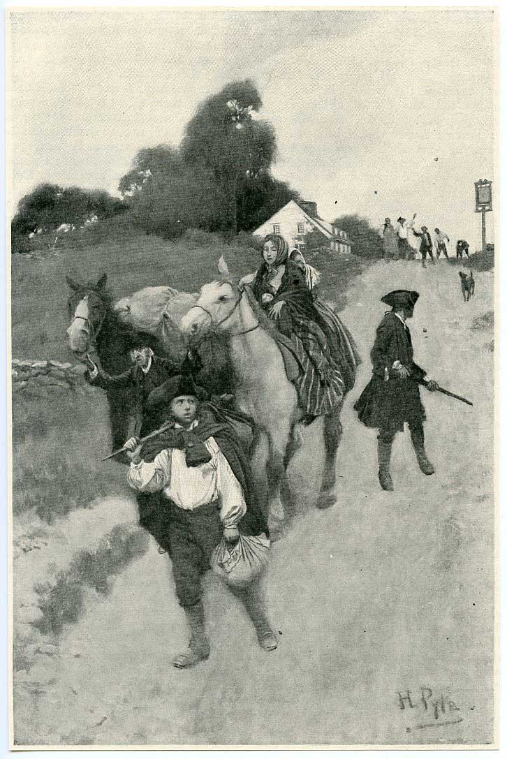Drawing of a family with two horses carrying sparse cargo. In the distance, people shake their fists at the family.