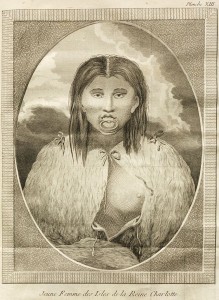 A Haida woman with a large lip ring.