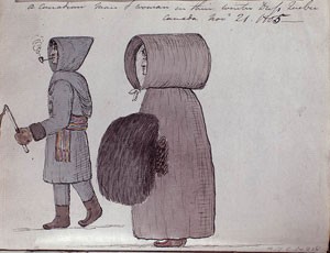 A man wears gloves, a long coat with a hood, boots, and carries an ice pick and is smoking a pipe. The woman wears a cloak that almost covers her feet. You can barley see her face in her hood.