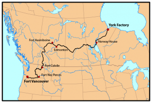 From York Factory, west to Edmonton, and south west to Fort Vancouver.