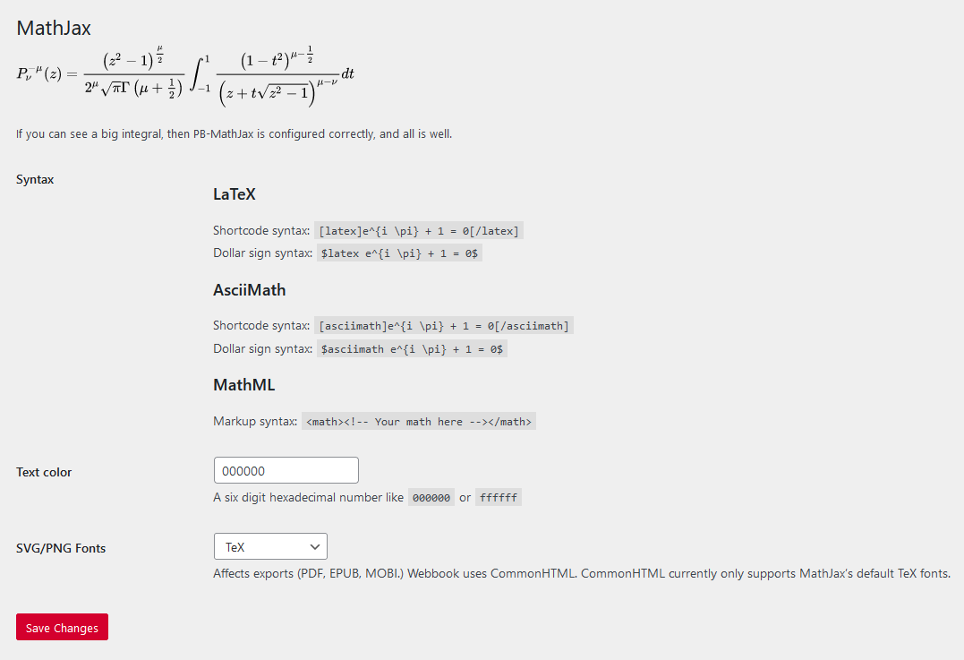 Screenshot of MathJax settings page in Pressbooks.
